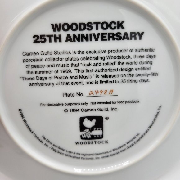 Woodstock 25th Anniv. Collectors Plate "3 Days Of Peace And Music" Cameo Guild - Picture 6 of 9